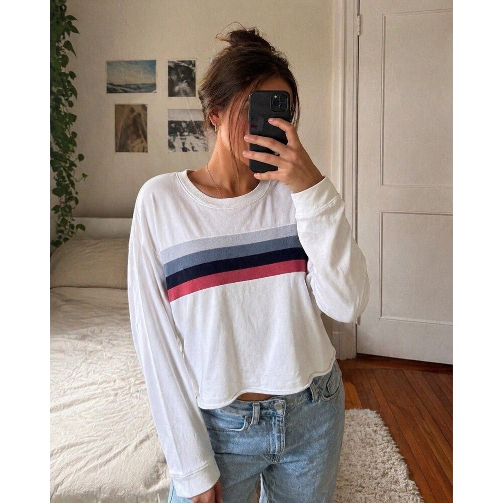 Sundry Striped Sweatshirt White Pullover USA Made Size 2 Cropped Raw Hem Casual